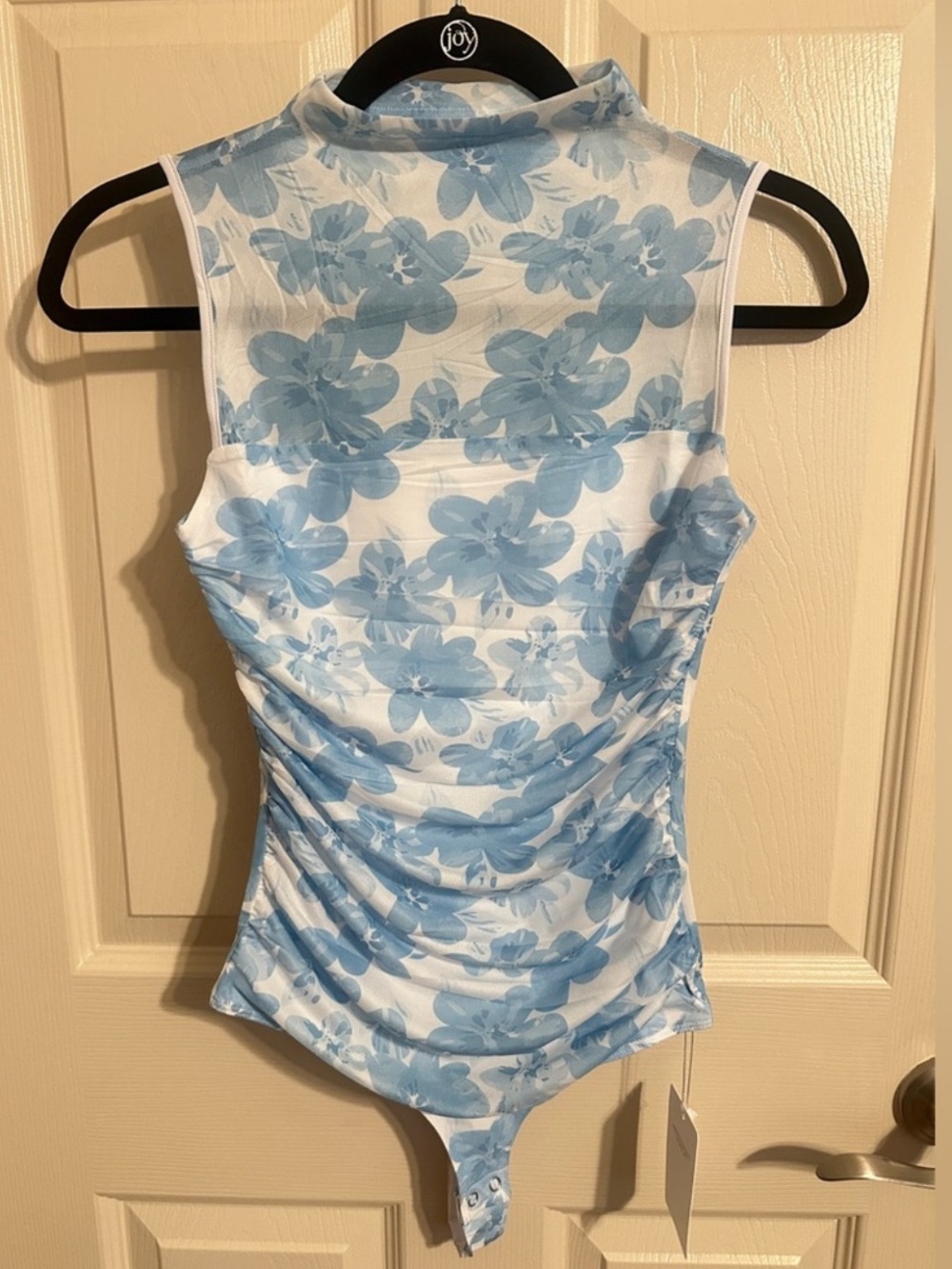 Reoria Sheer Floral High Neck Sleeveless Body Suit, Blue & White, Sz XS, NWT